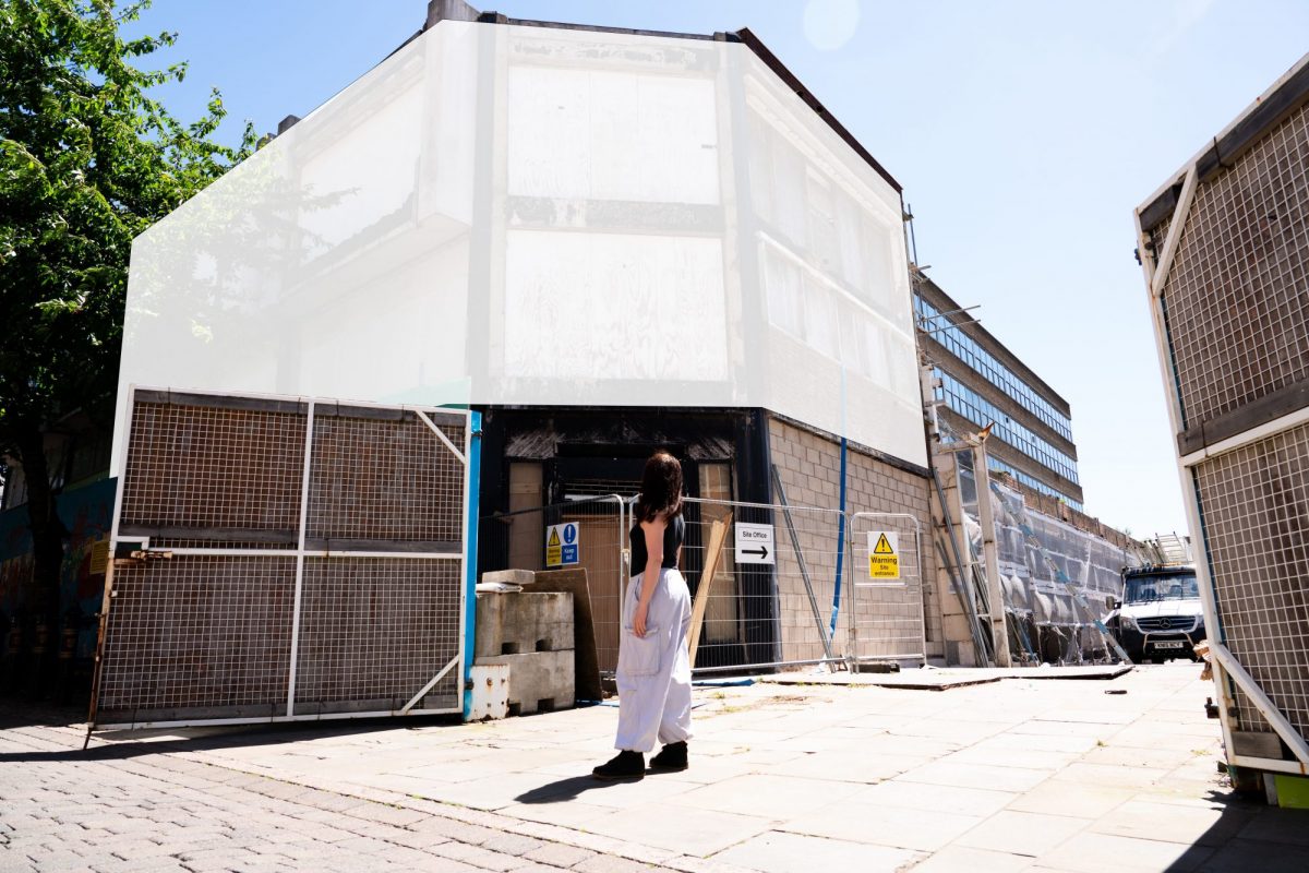 Photographic mock-up showing the proposed artwork covering the upper floors of Severn’s House, illustrating the scale and position of the mural on the building façade.