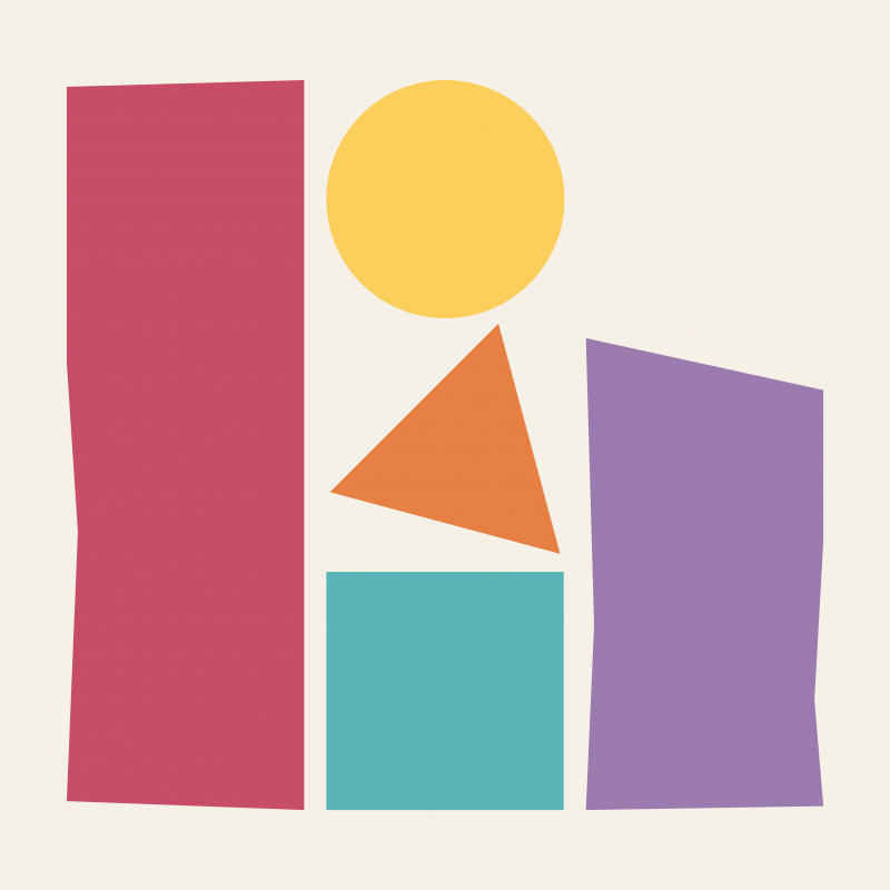 Abstract graphic on a cream background made up of five simple geometric shapes: a tall pink rectangle, a yellow circle, an orange triangle, a turquoise square and a purple trapezoid.