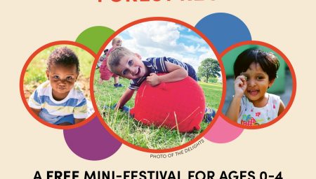 Poster promoting Hoopla! Forest Rec, a free mini-festival for children aged 0–4. Three circular photos show young children playing outdoors. Text reads: ‘Hoopla! Forest Rec. A Free Mini-Festival for Ages 0–4. 6 August 2026. 10am–2:30pm.’ City Arts, SSBC Small Steps Big Changes, The National Lottery Community Fund and Arts Council England logos appear along the bottom.