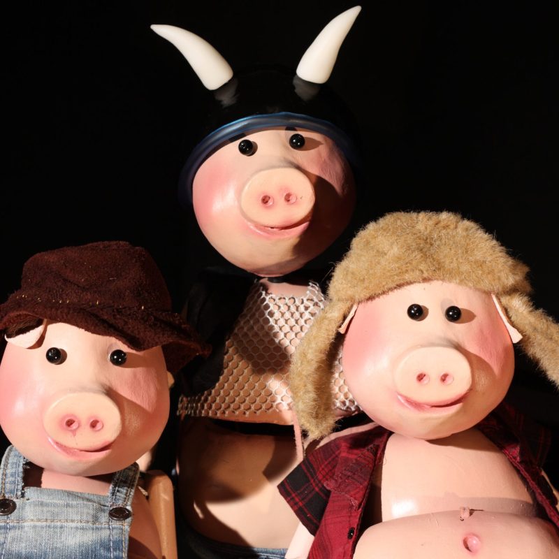 Three pig puppets wearing different costumes pose together against a black background.